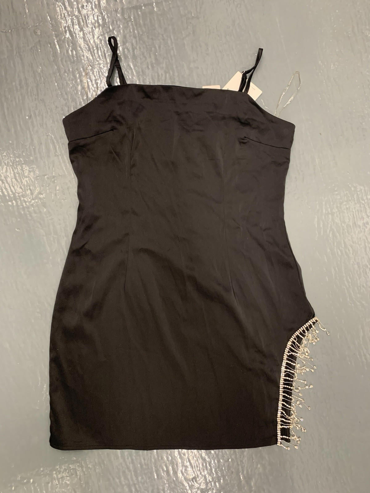 NWT Glamorous Urban Outfitters Black Satin Rhinestone Fringe Mini Dress Size L