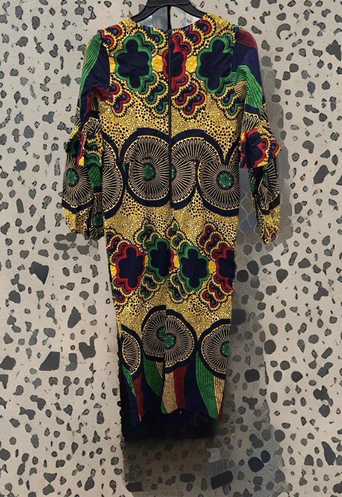 Fitted Vibrant Ankara Print Bodycon Midi Dress With O Neck & Puff Sleeves