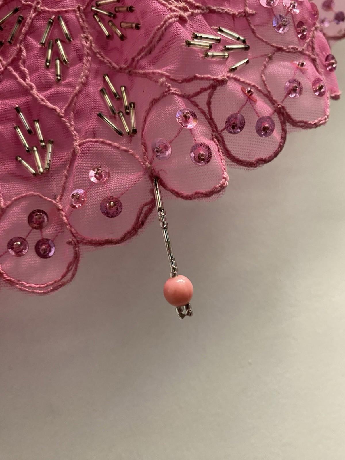 Hand Beaded VTG Pink Sequin Flower Sheer Capelet Shawl Burlesque Bowlero