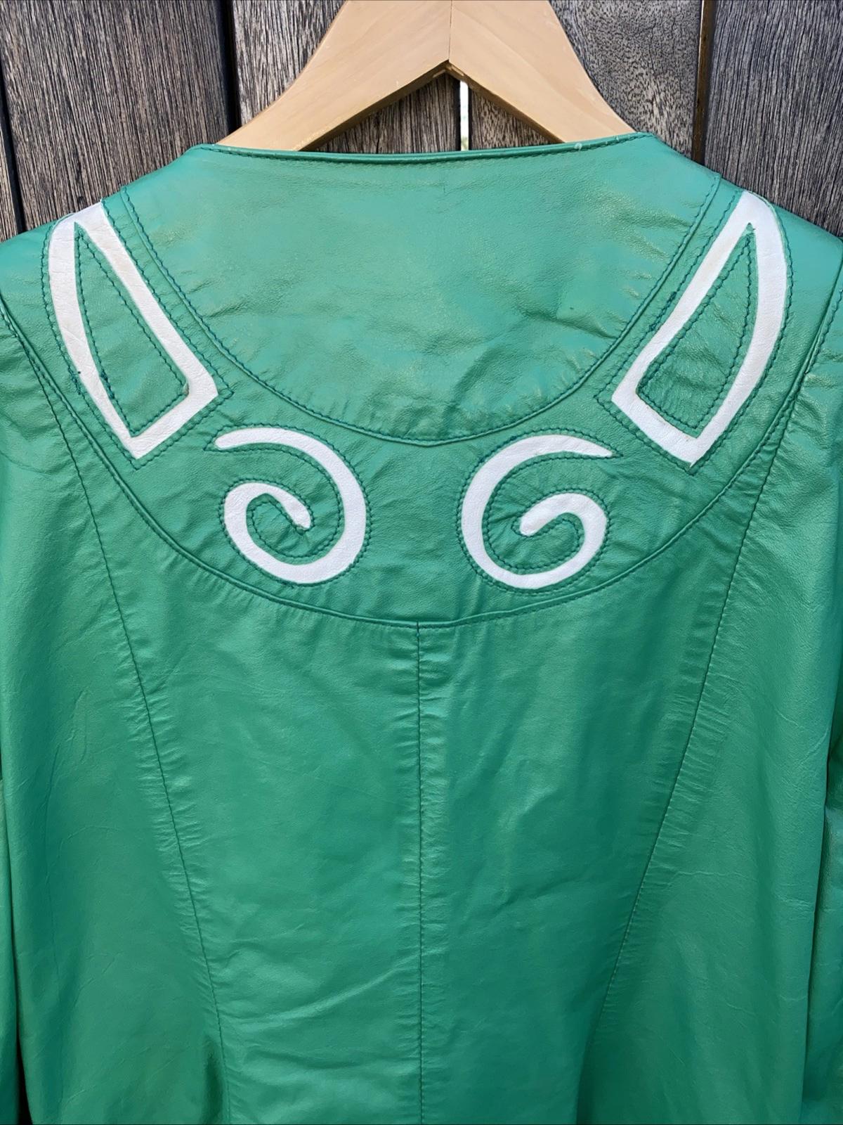 VTG 1980’s COMINT Avante Garde Green & White Appliqué Leather Jacket Womens M
