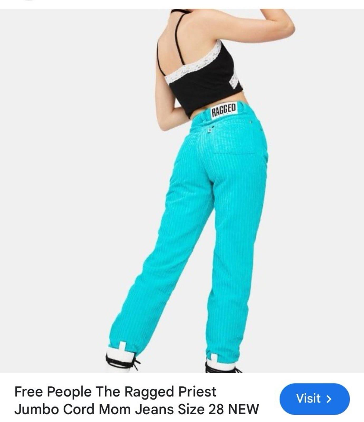 NWOT Ragged Priest Free People Jumbo Corduroy Turquoise Mom Jeans /Pants Size 28