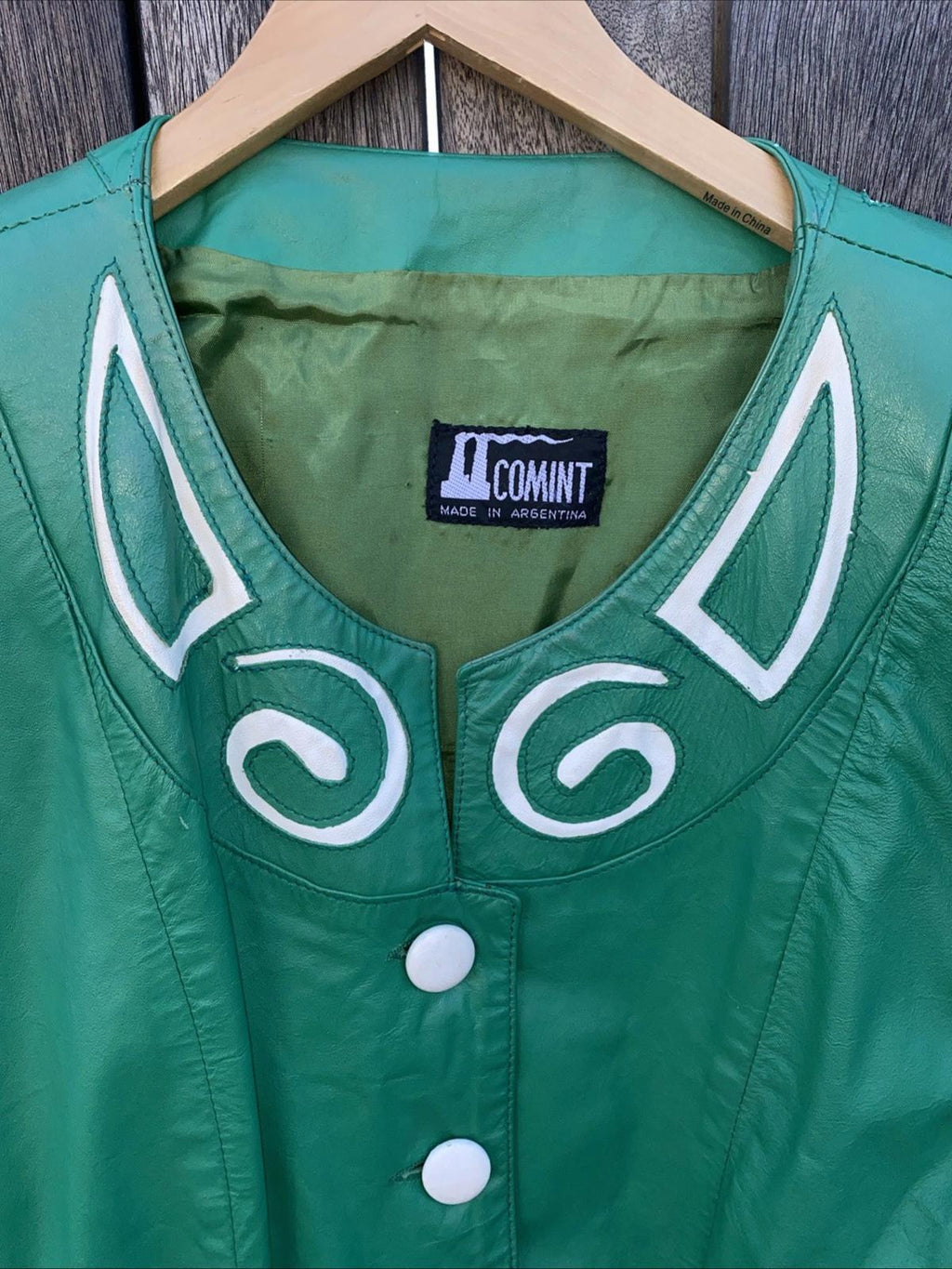 VTG 1980’s COMINT Avante Garde Green & White Appliqué Leather Jacket Womens M