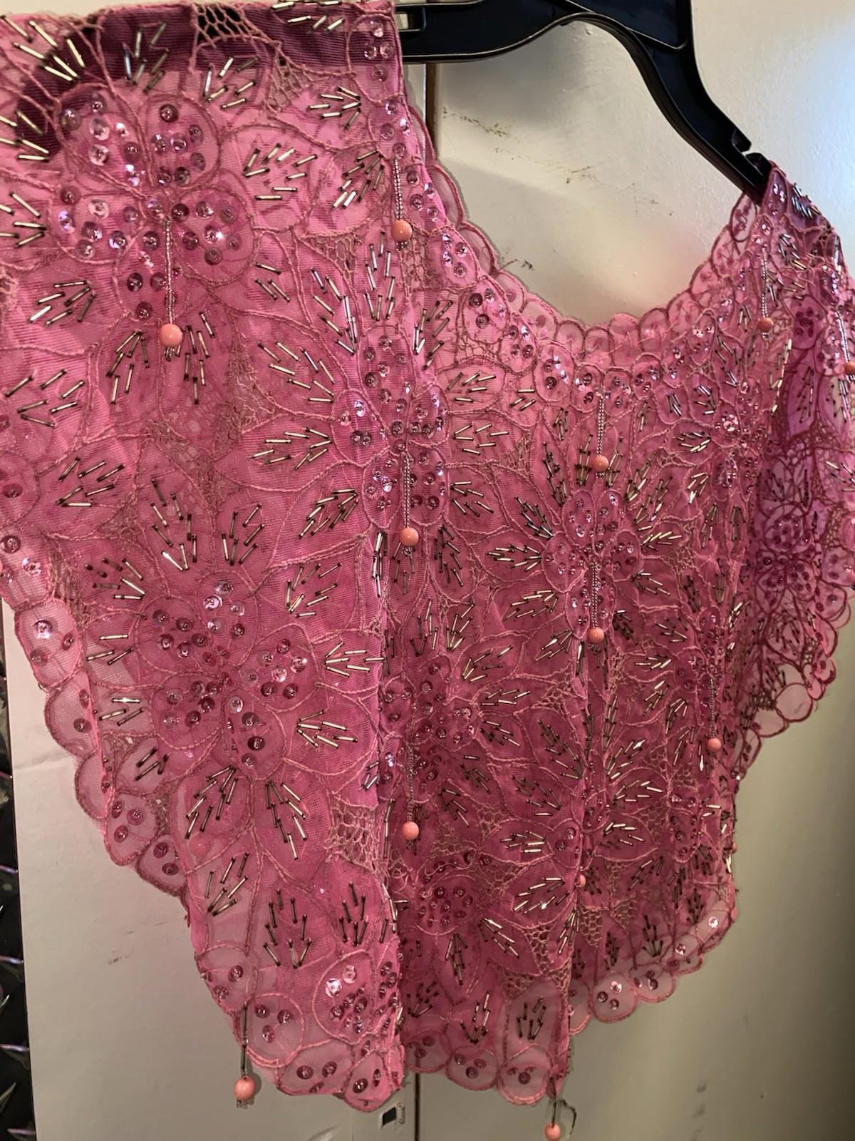 Hand Beaded VTG Pink Sequin Flower Sheer Capelet Shawl Burlesque Bowlero