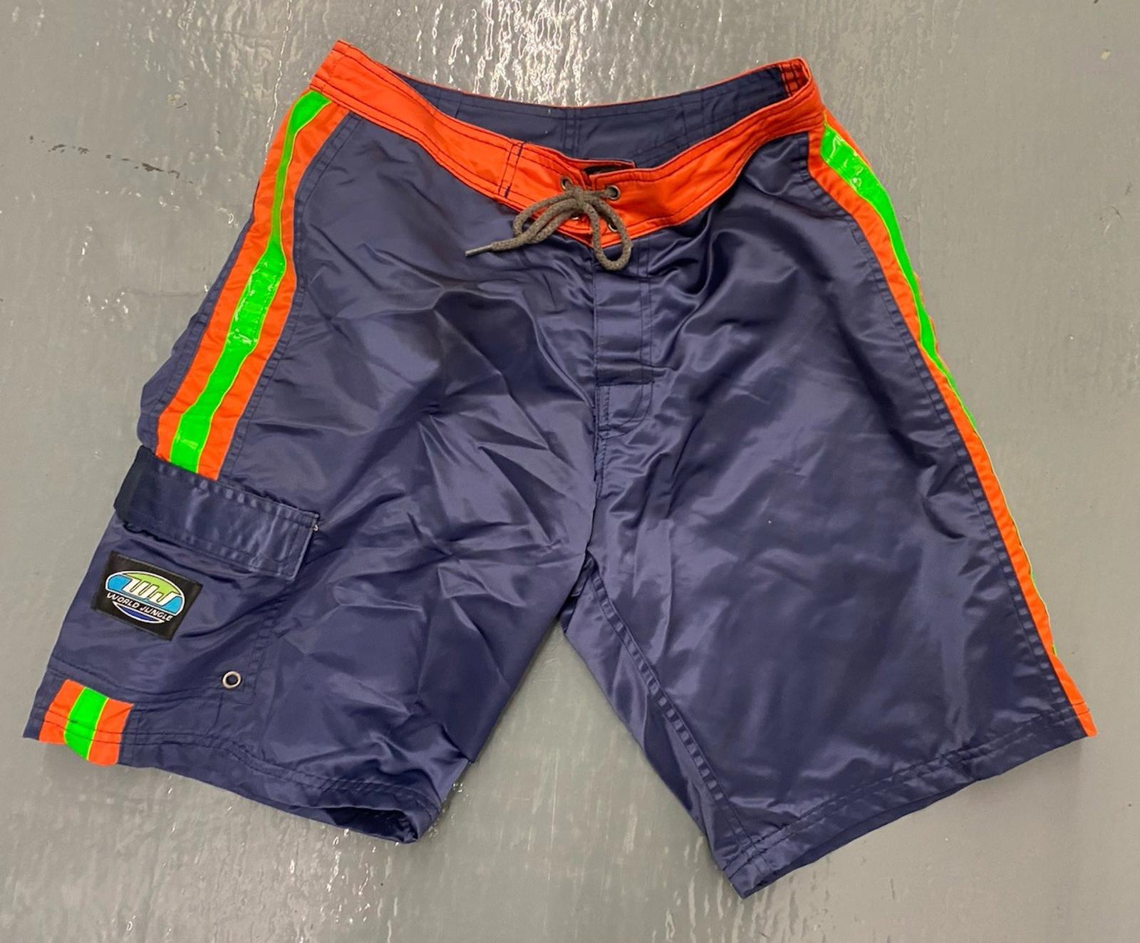 VTG 1990’s World Jungle Neon Green Vert Side Stripes Navy Blue Board shorts 30