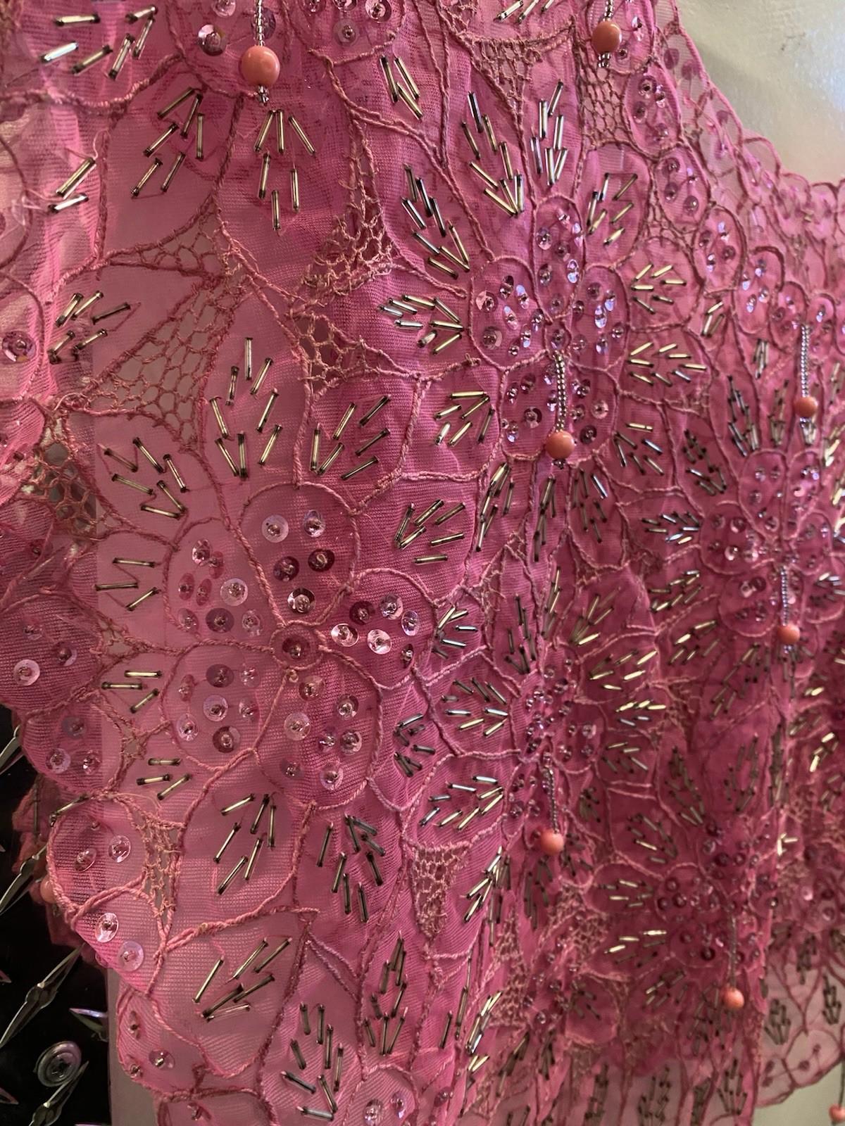 Hand Beaded VTG Pink Sequin Flower Sheer Capelet Shawl Burlesque Bowlero