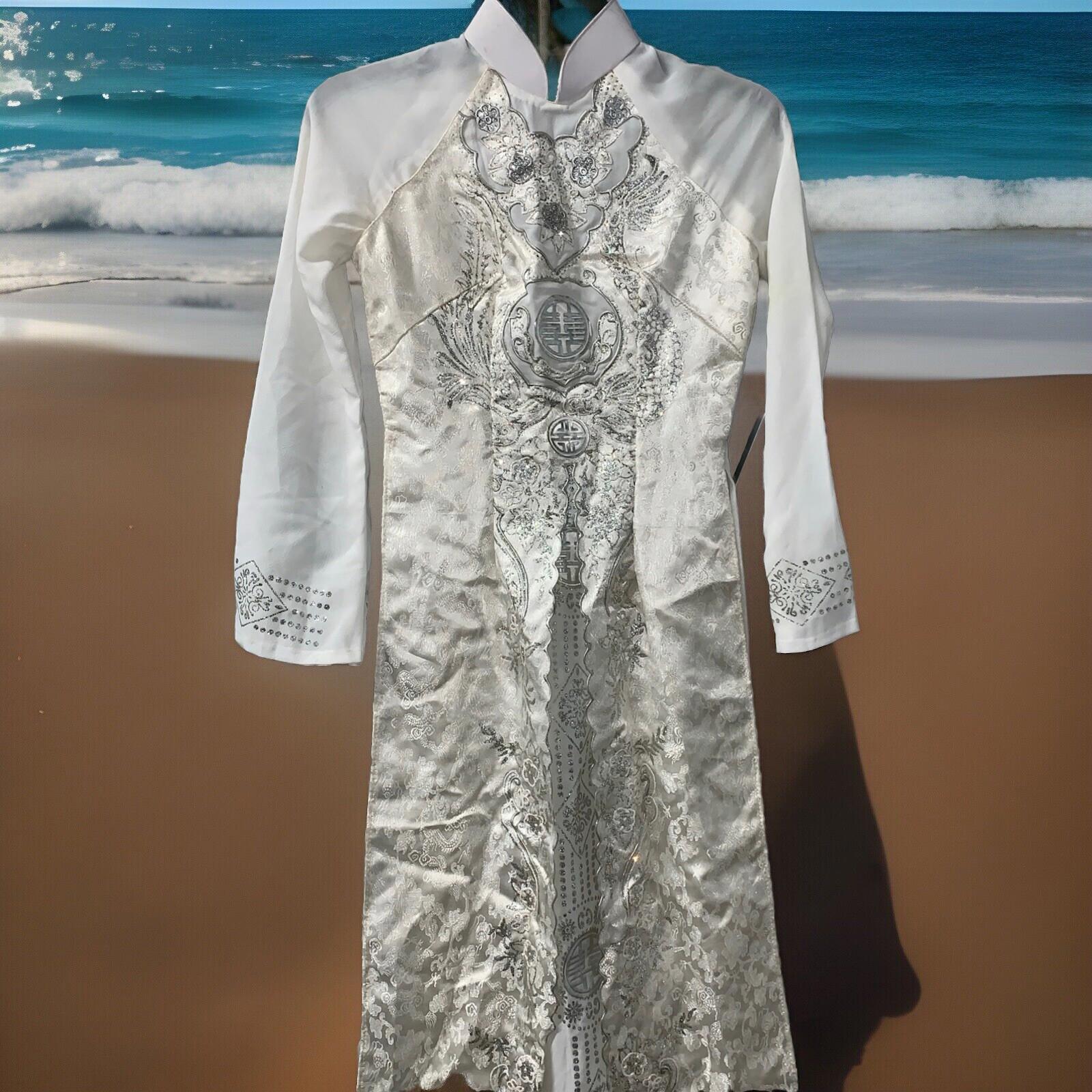 Vintage NHA MAY Thanh Trang Ivory & Silver Glitter Vietnamese Ao Dai dress