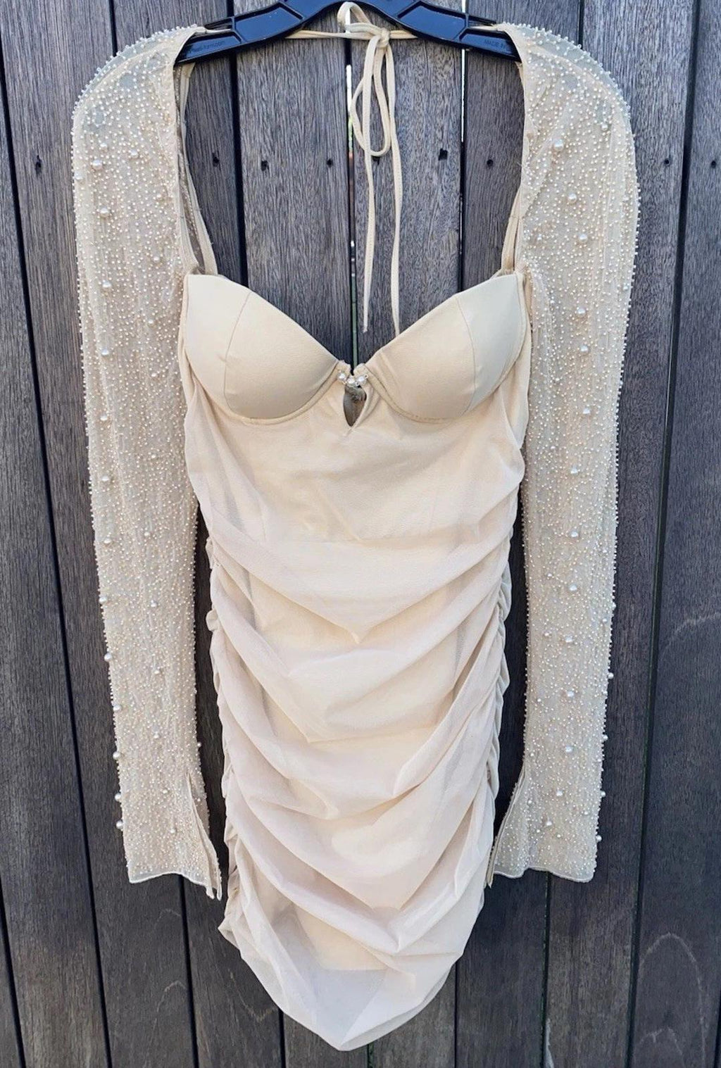 Oh Polly St. Germain Embellished Beaded Pearls long sleeve Mini Dress in Sand 6