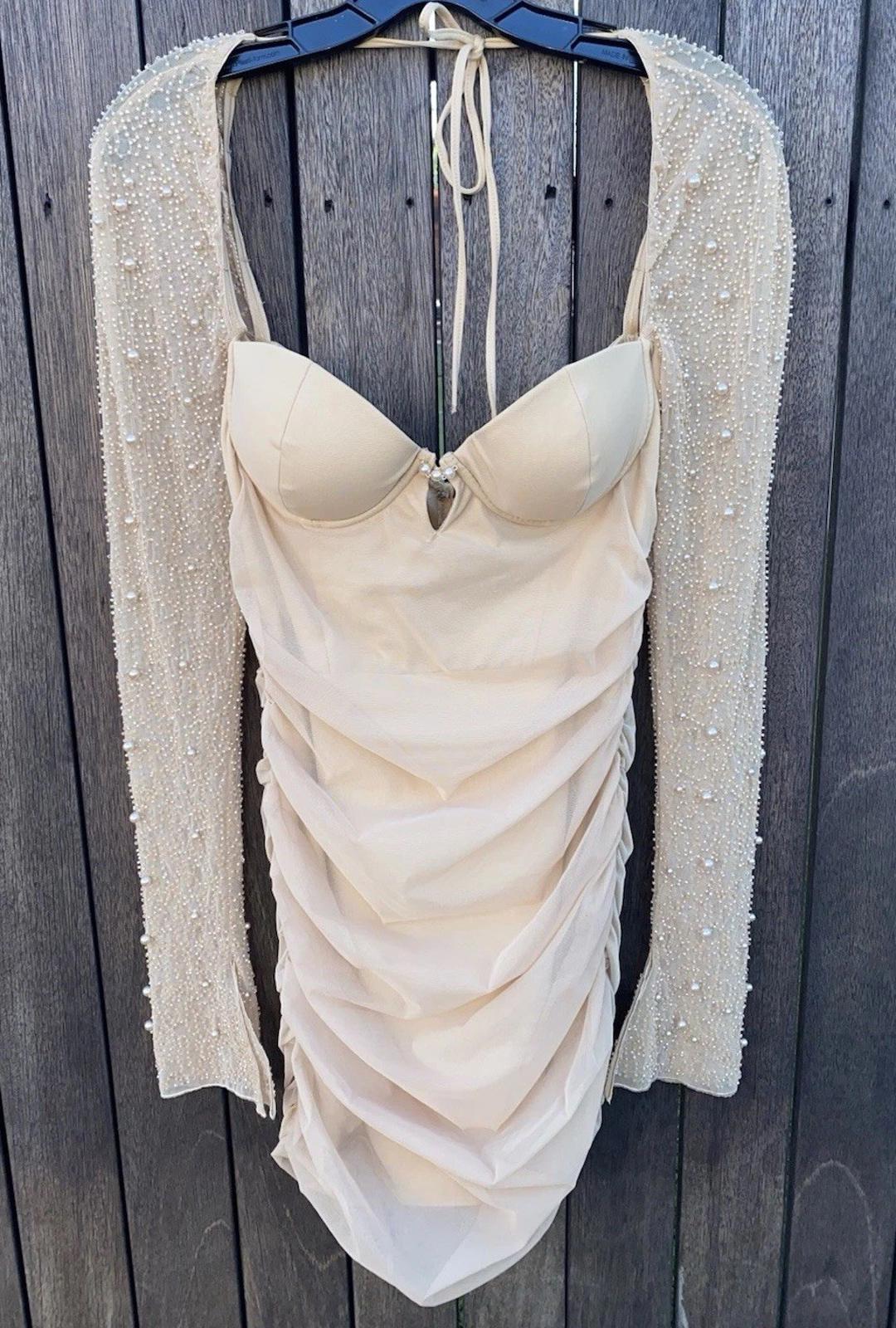 Oh Polly St. Germain Embellished Beaded Pearls long sleeve Mini Dress in Sand 6