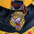 Farabi Muay Thai Kick Boxing Training Satin Black Gold Short Tiger Embroidery