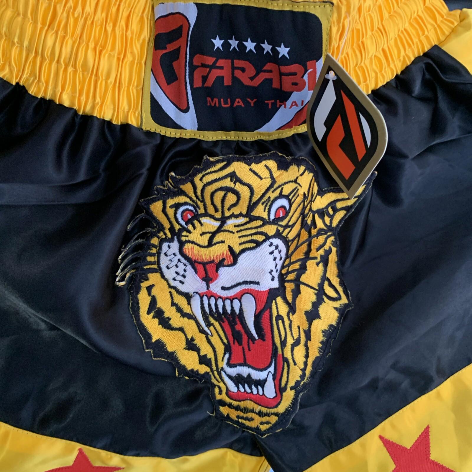 Farabi Muay Thai Kick Boxing Training Satin Black Gold Short Tiger Embroidery