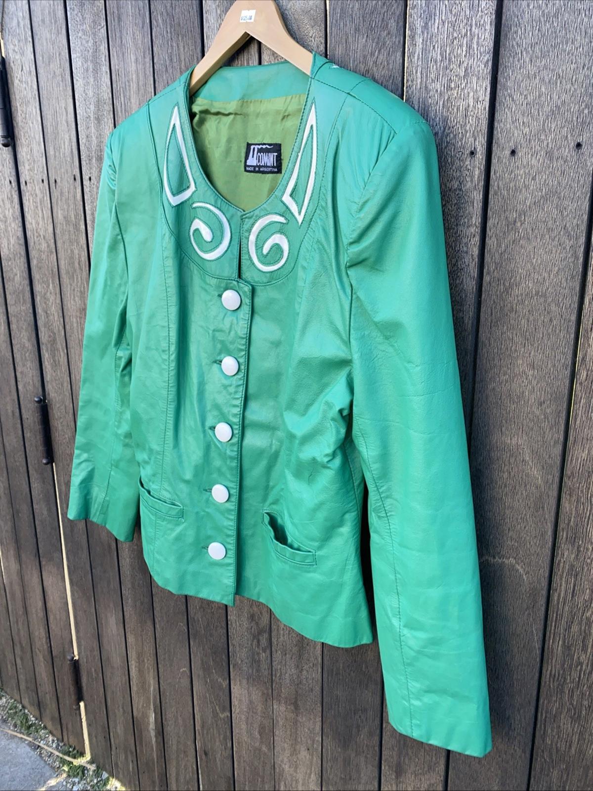 VTG 1980’s COMINT Avante Garde Green & White Appliqué Leather Jacket Womens M