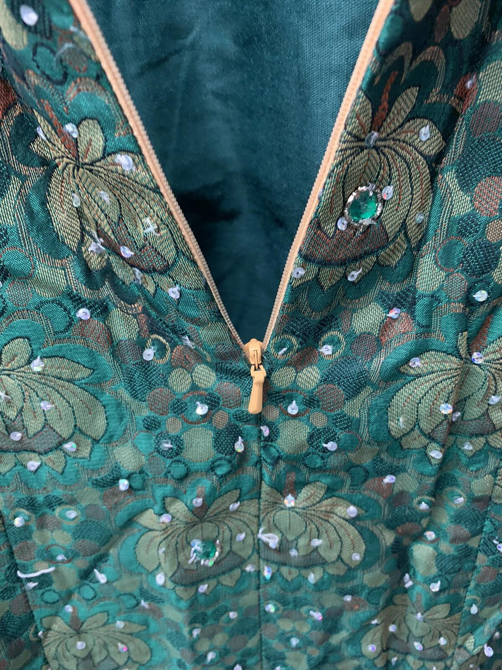 VTG 1960s Handmade Beaded Green & Gold Brocade Dress & Matching  Over Coat Set
