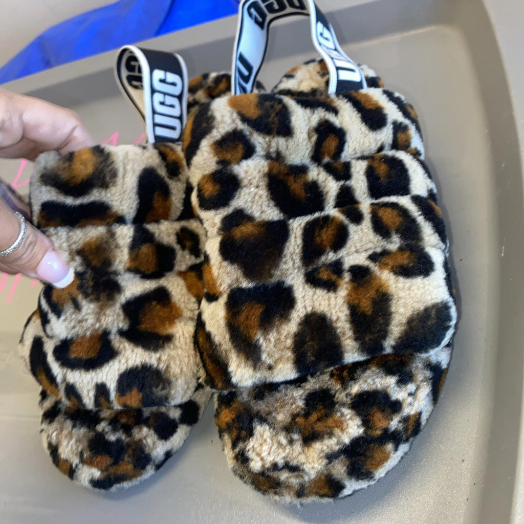 UGG FLUFF YEAH AMPHORA SLIDE LEOPARD SLINGBACK SANDALS SLIPPERS Size 7 USA Wom