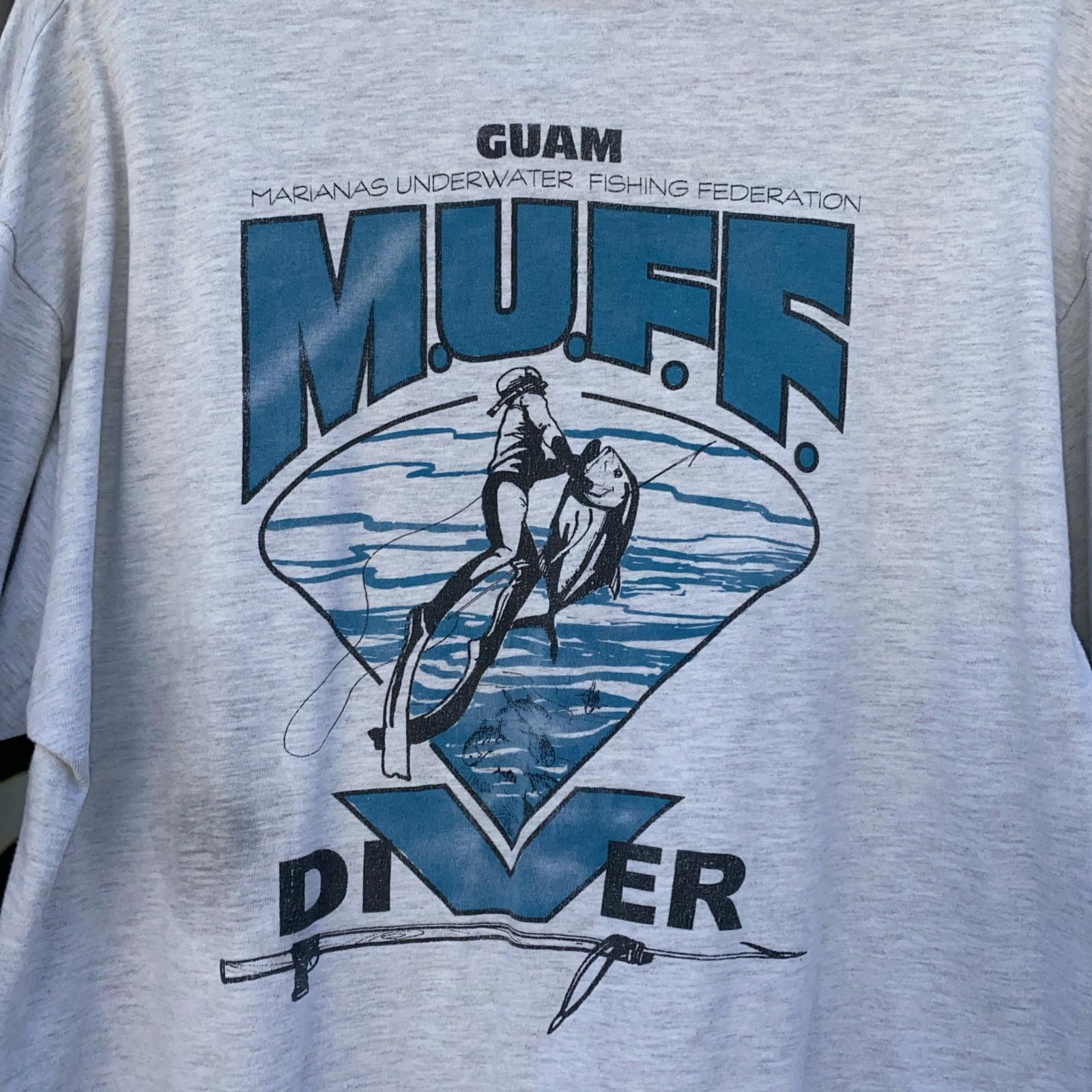 VTG 1999 MUFF DIVER Spear Fishing Long Sleeve Shirt Dual Sided Distressed Mens L