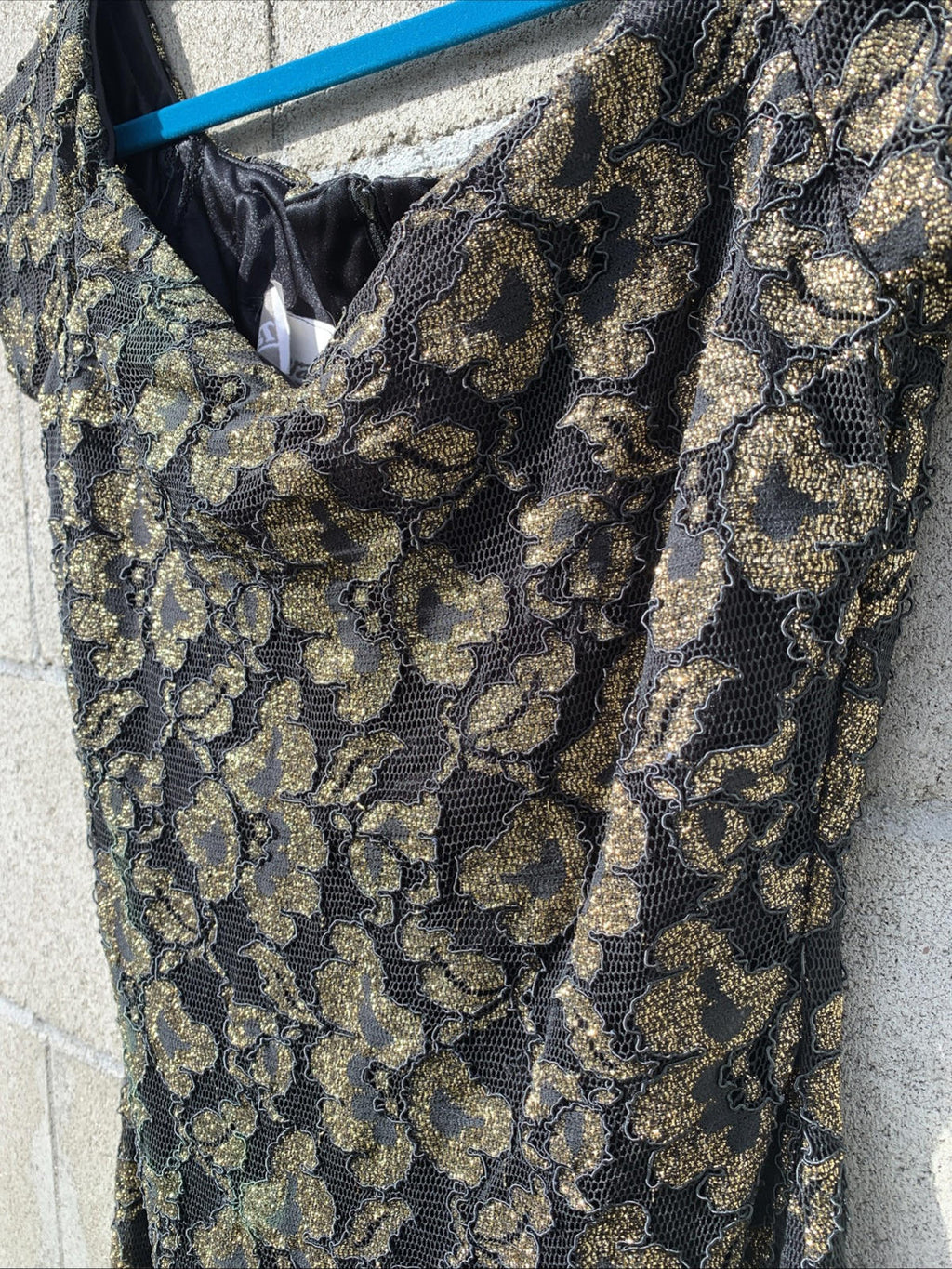 Vintage Tamara’s Midi Dress Off The Shoulder Gold & Black Lace W/ Fringe