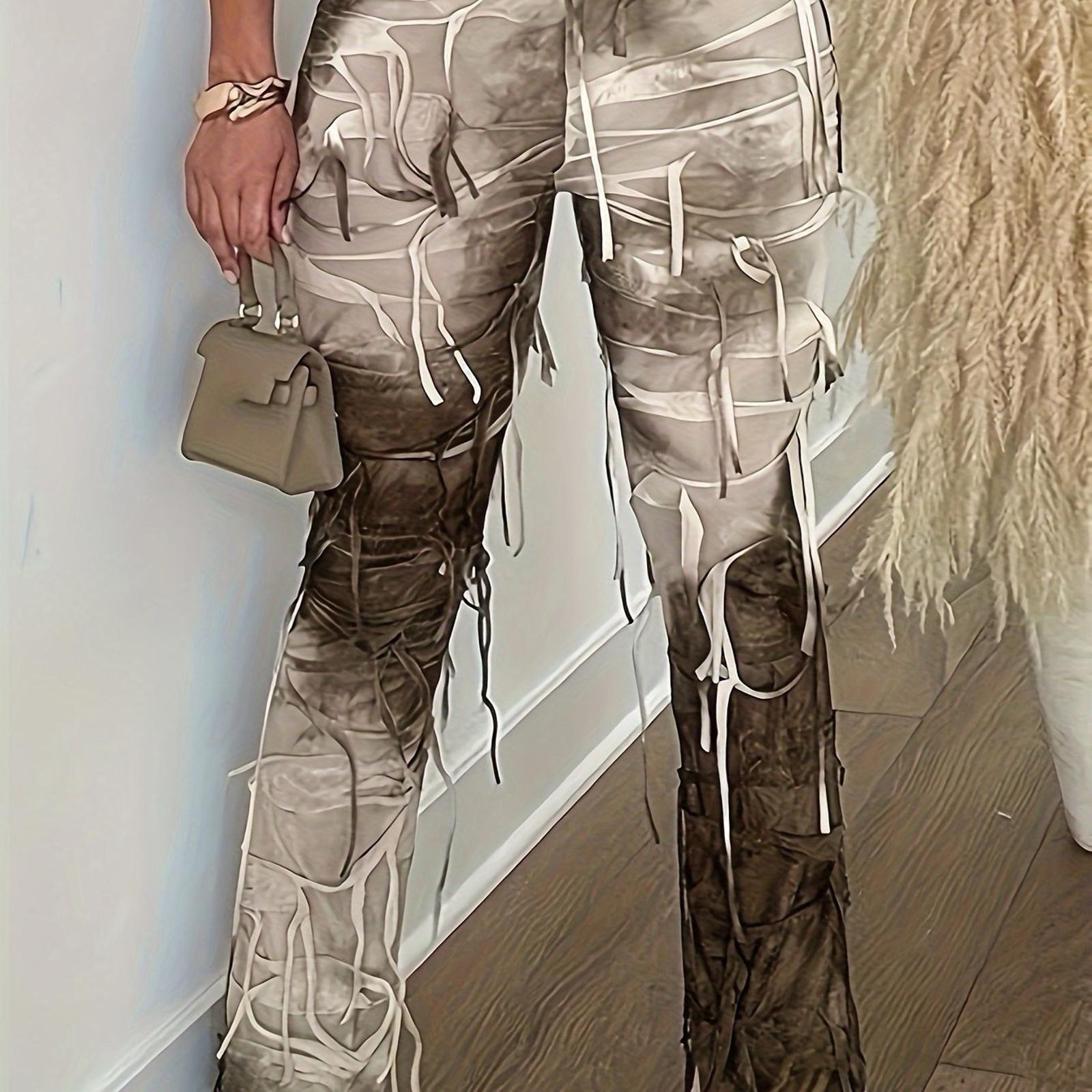 FESTY Beige & White Tie-dye Distressed K Too Flare Leg Pants Stretchy XS/Small