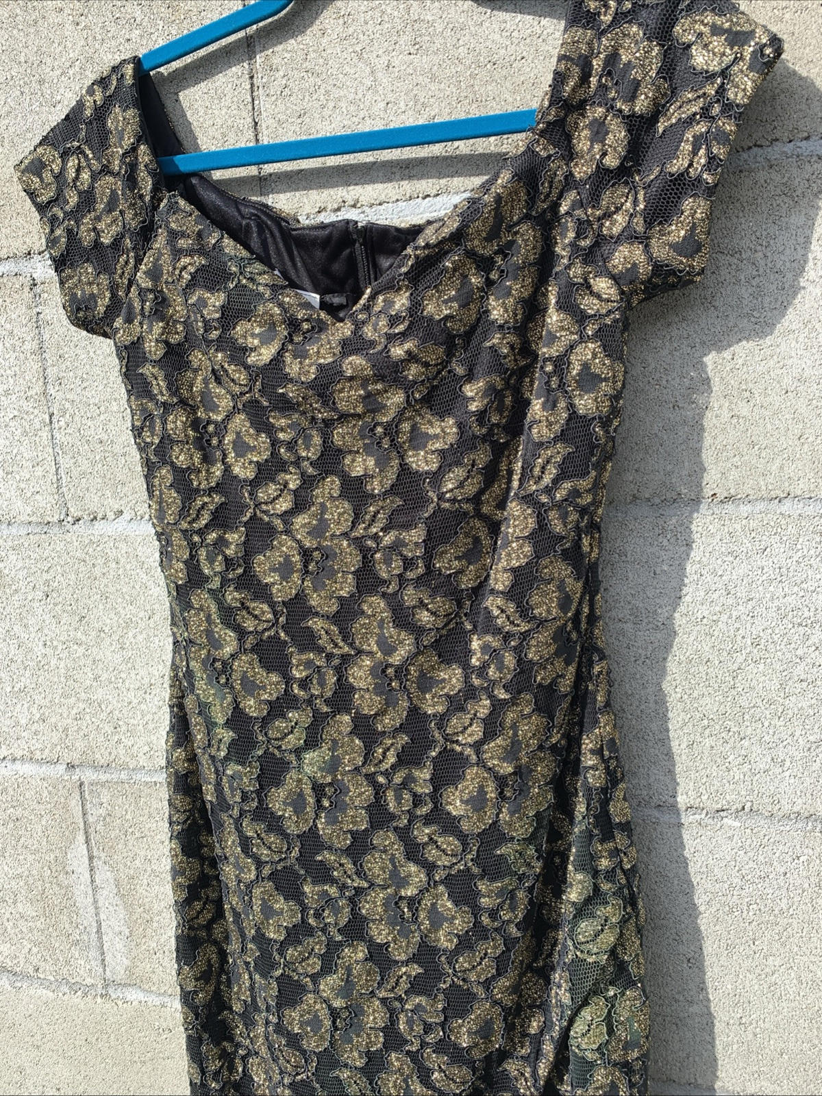 Vintage Tamara’s Midi Dress Off The Shoulder Gold & Black Lace W/ Fringe