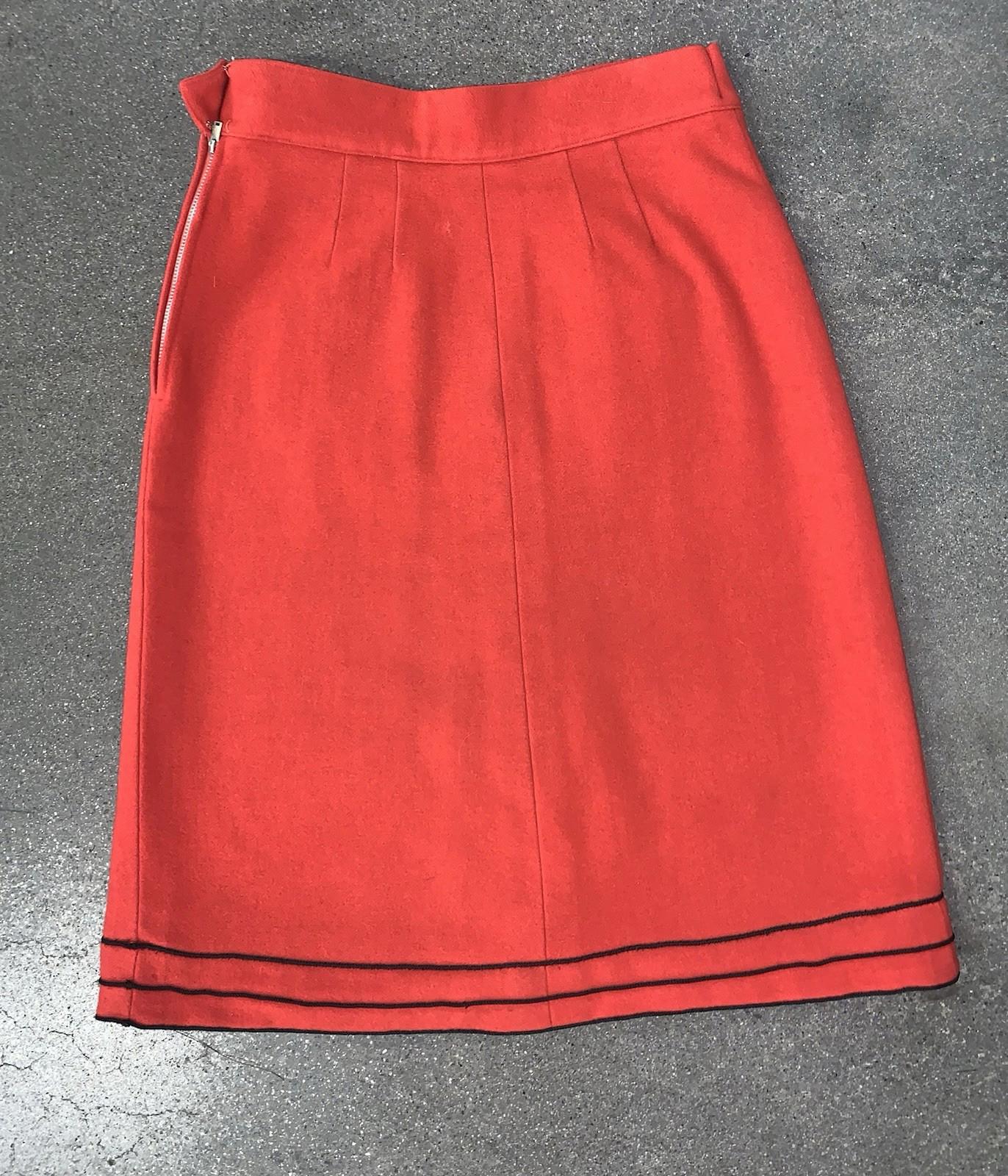 Handmade Vintage Felt Wool Red & Black Pencil Skirt With Trim Size Womens Small