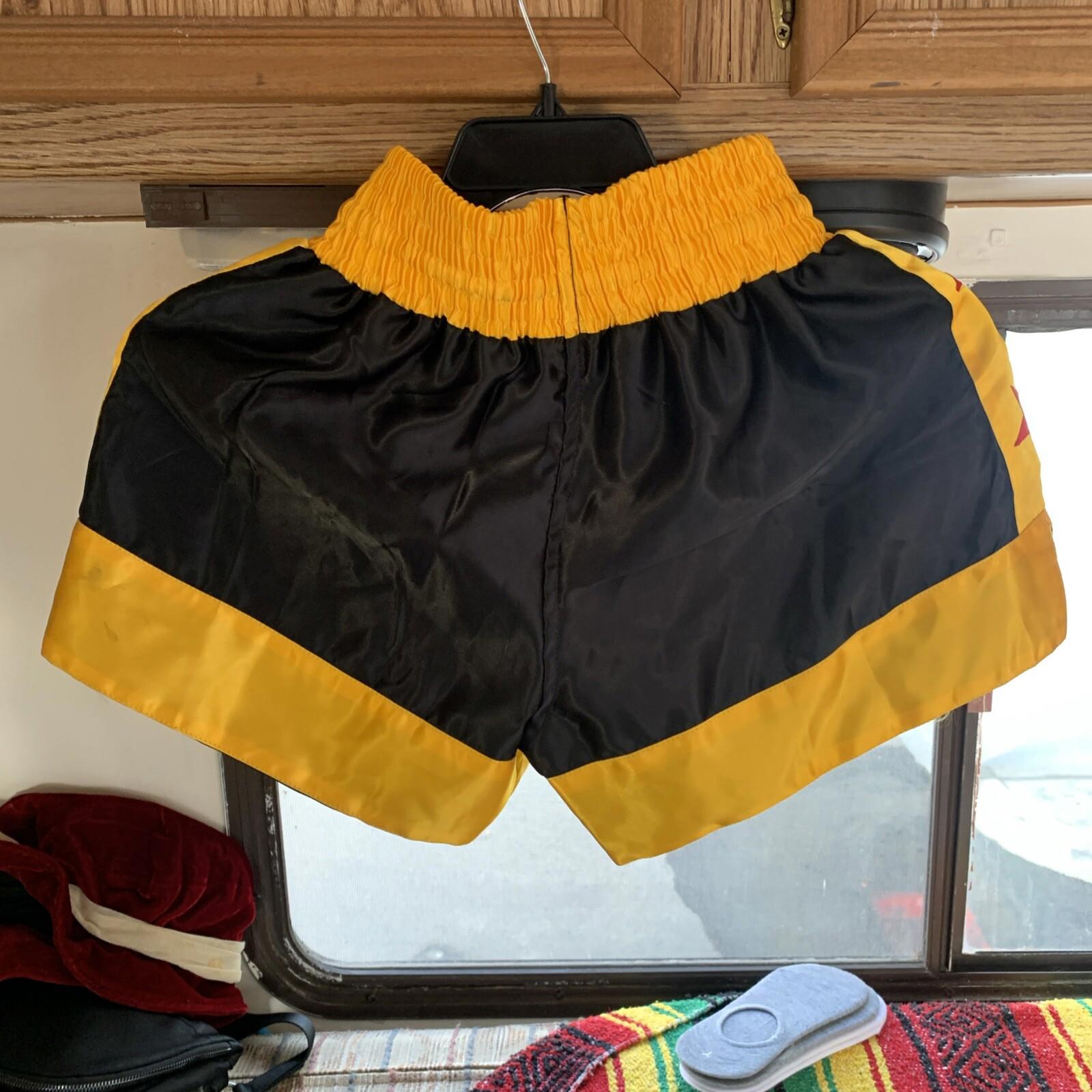 Farabi Muay Thai Kick Boxing Training Satin Black Gold Short Tiger Embroidery