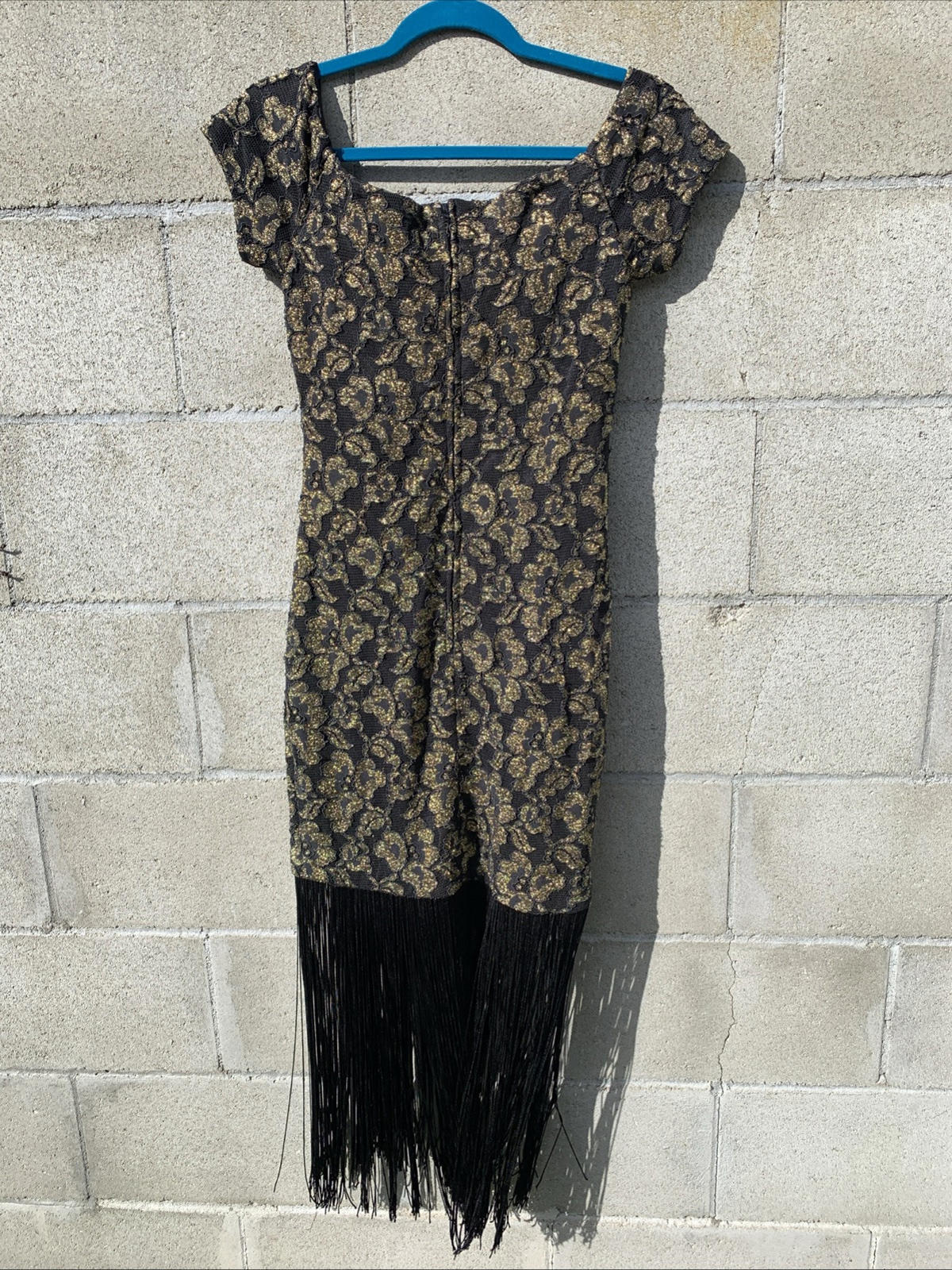 Vintage Tamara’s Midi Dress Off The Shoulder Gold & Black Lace W/ Fringe