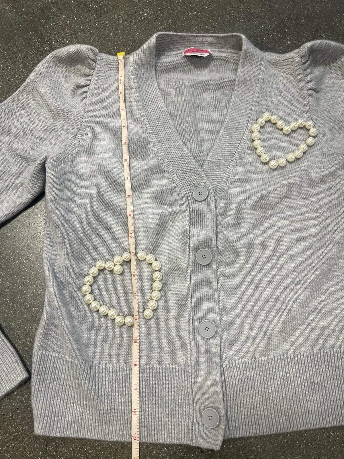 Kate Spade Womens Cardigan Gray XS Pearl Heart Knit Long Sleeve Button Front