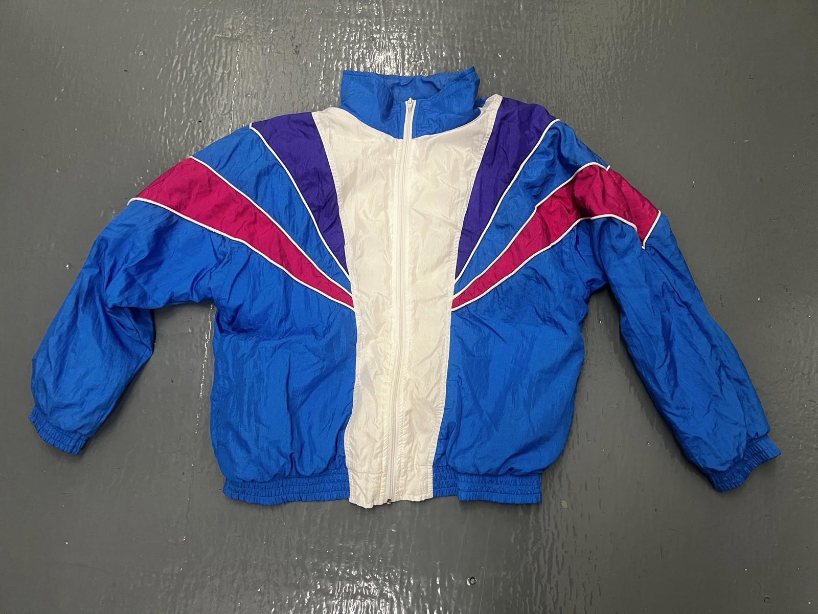 VINTAGE 90s Bocoo Jacket Womens Medium Blue White Colorblock Windbreaker Coat*