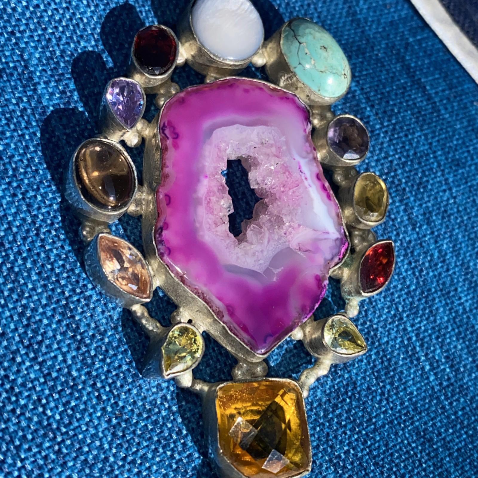 Stunning VTG Large Pink Druzy Crystal 10 Gemstone Pendant 925 Silver Stamped