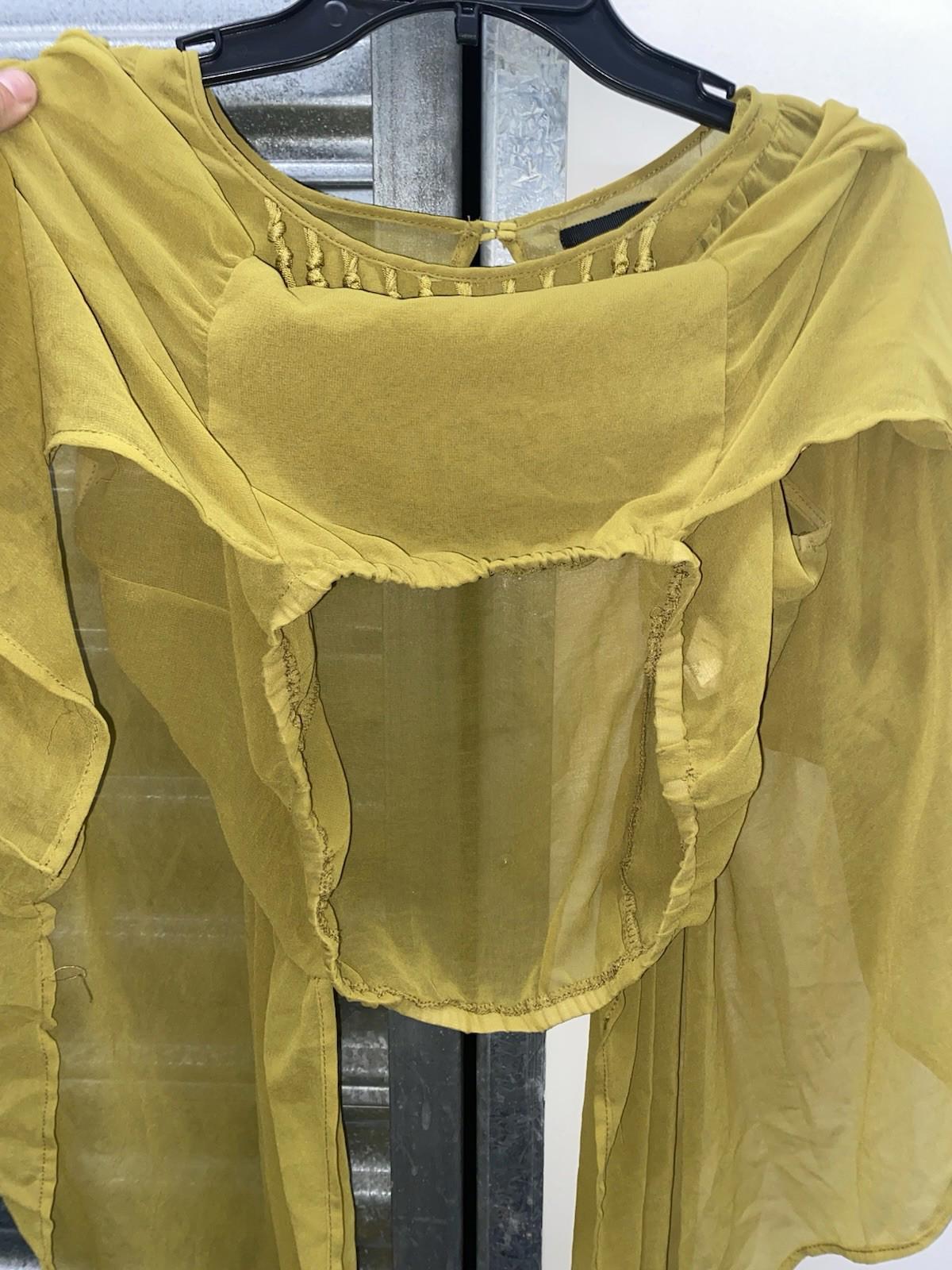 Gorgeous Mustard Yellow Sheer Kaftan Blouse Macrame Neckline Batwing Sleeve Med