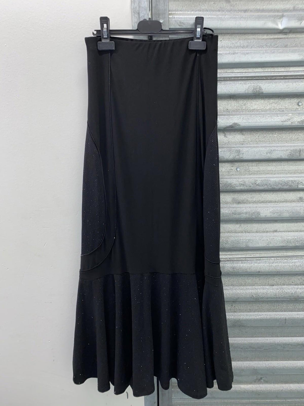 Long Black Maxi Skirt With Glitter Accents And Flared Hem Size M Stretch