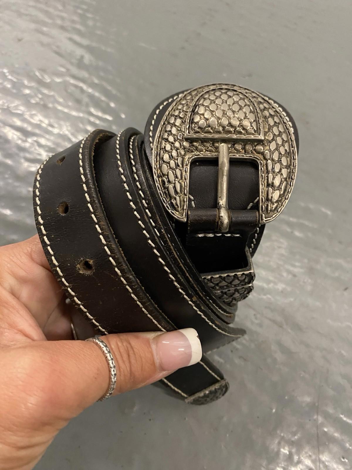 Vintage Black Leather Western Mens Belt Snake Texture Buckle Made In Italy M L