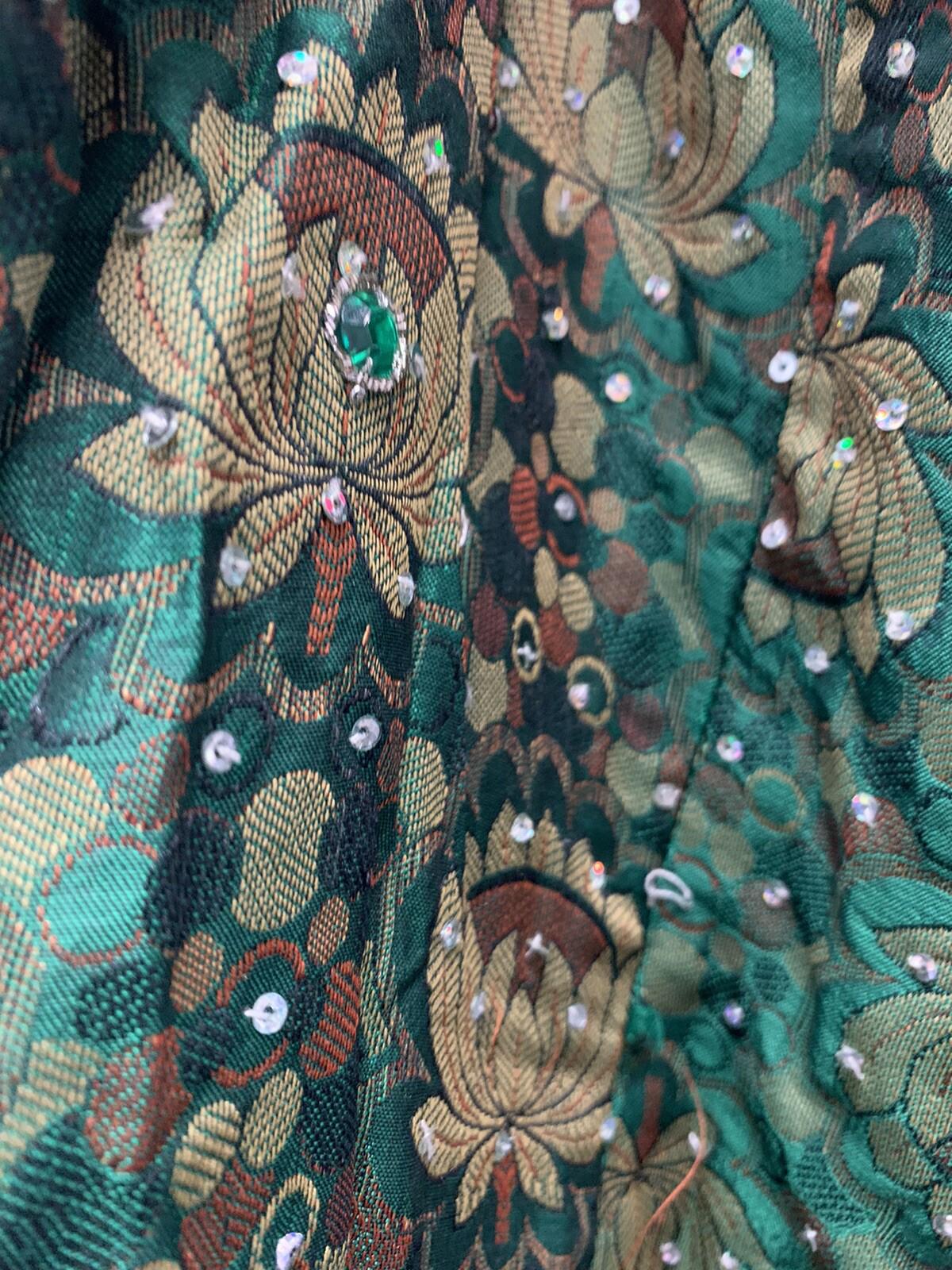 VTG 1960s Handmade Beaded Green & Gold Brocade Dress & Matching  Over Coat Set