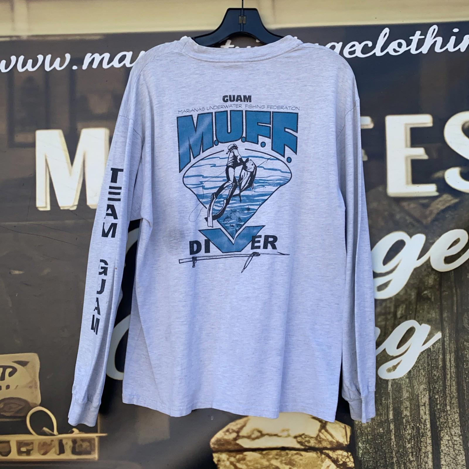 VTG 1999 MUFF DIVER Spear Fishing Long Sleeve Shirt Dual Sided Distressed Mens L