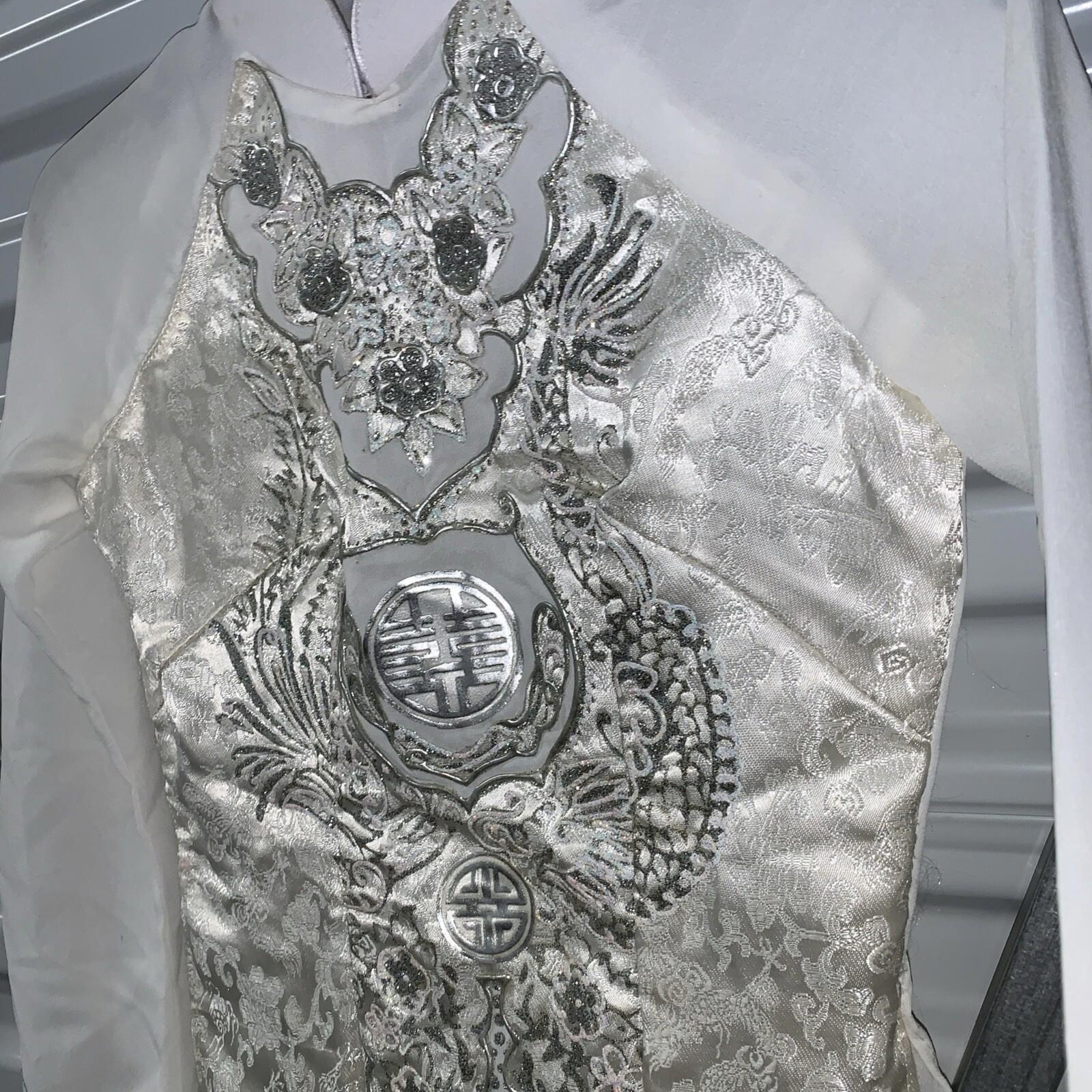 Vintage NHA MAY Thanh Trang Ivory & Silver Glitter Vietnamese Ao Dai dress