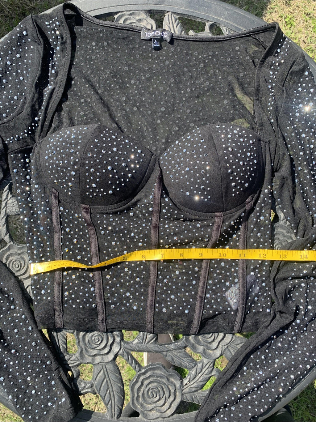 Ultra Sparkle Rhinestone Long Sleeve Sheer Corset Top Size Large