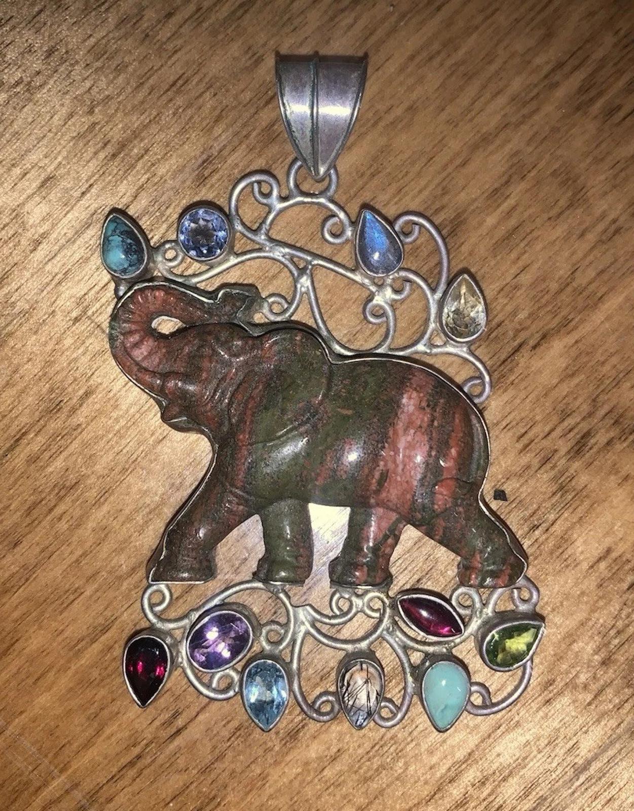 STUNNING Large Multi GENUINE Gemstones Elephant Pendant, Set In Silver