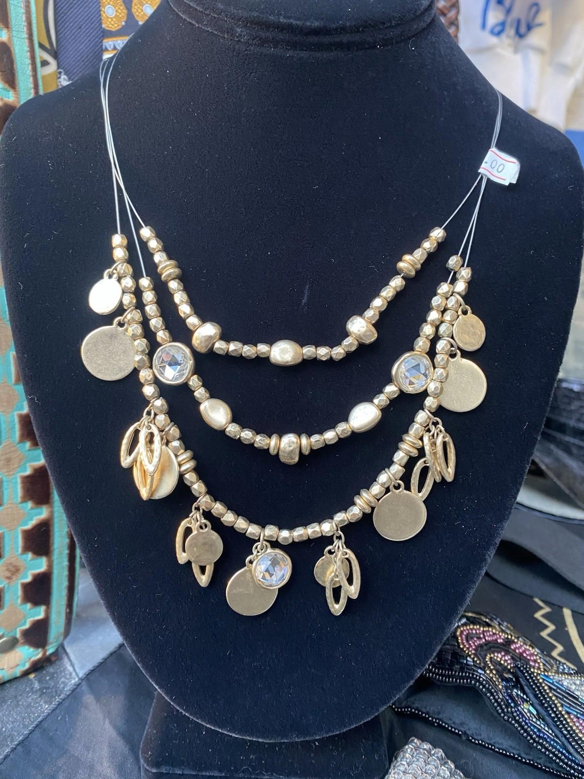 VTG Chico’s Triple Strand Gold Tone Rhinestone Coin Layered Illusion Necklace