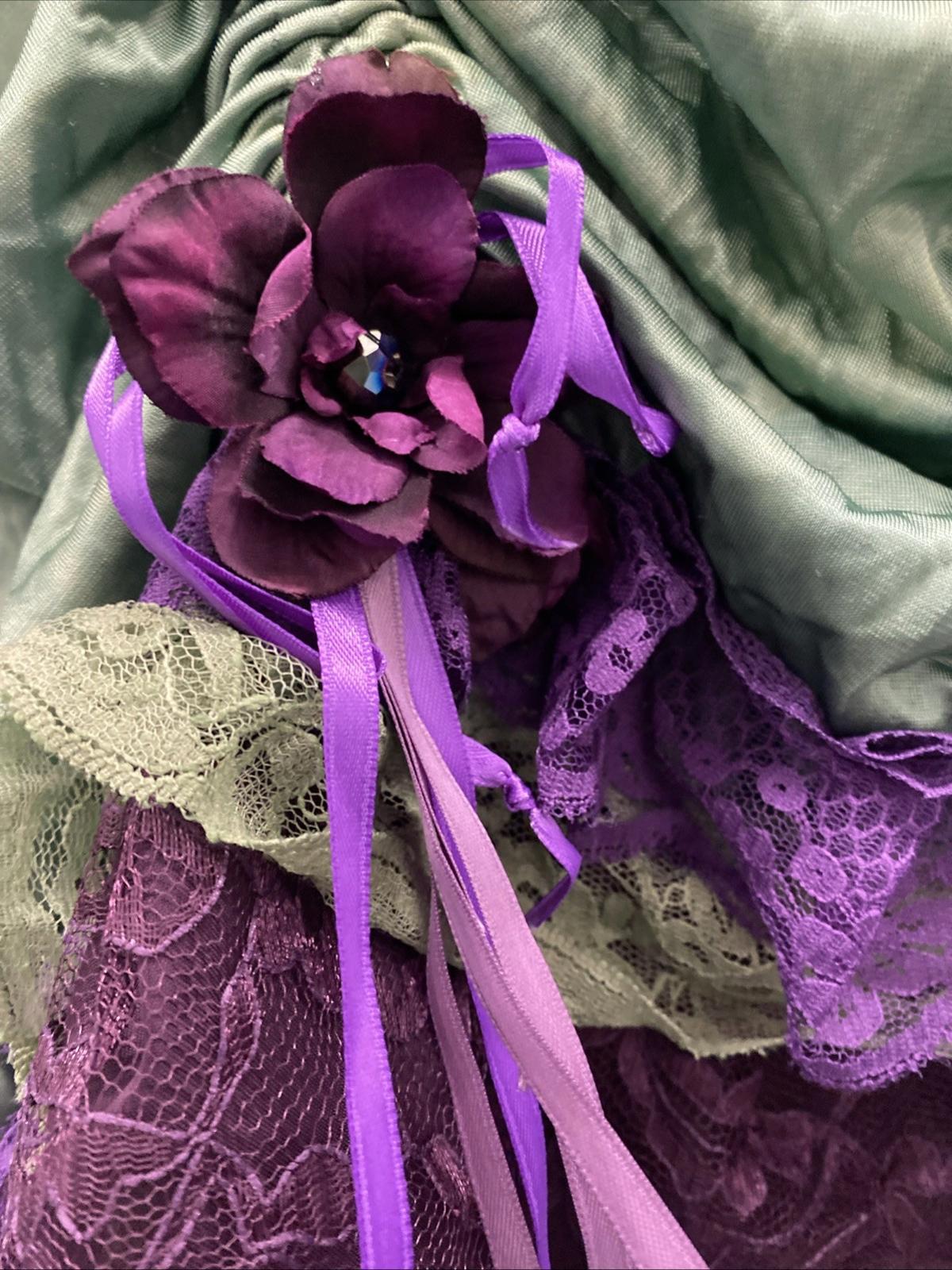 Handmade VTG Tinkerbell Flapper Style Dress W/ Beaded Purple Flower Appliqués XL