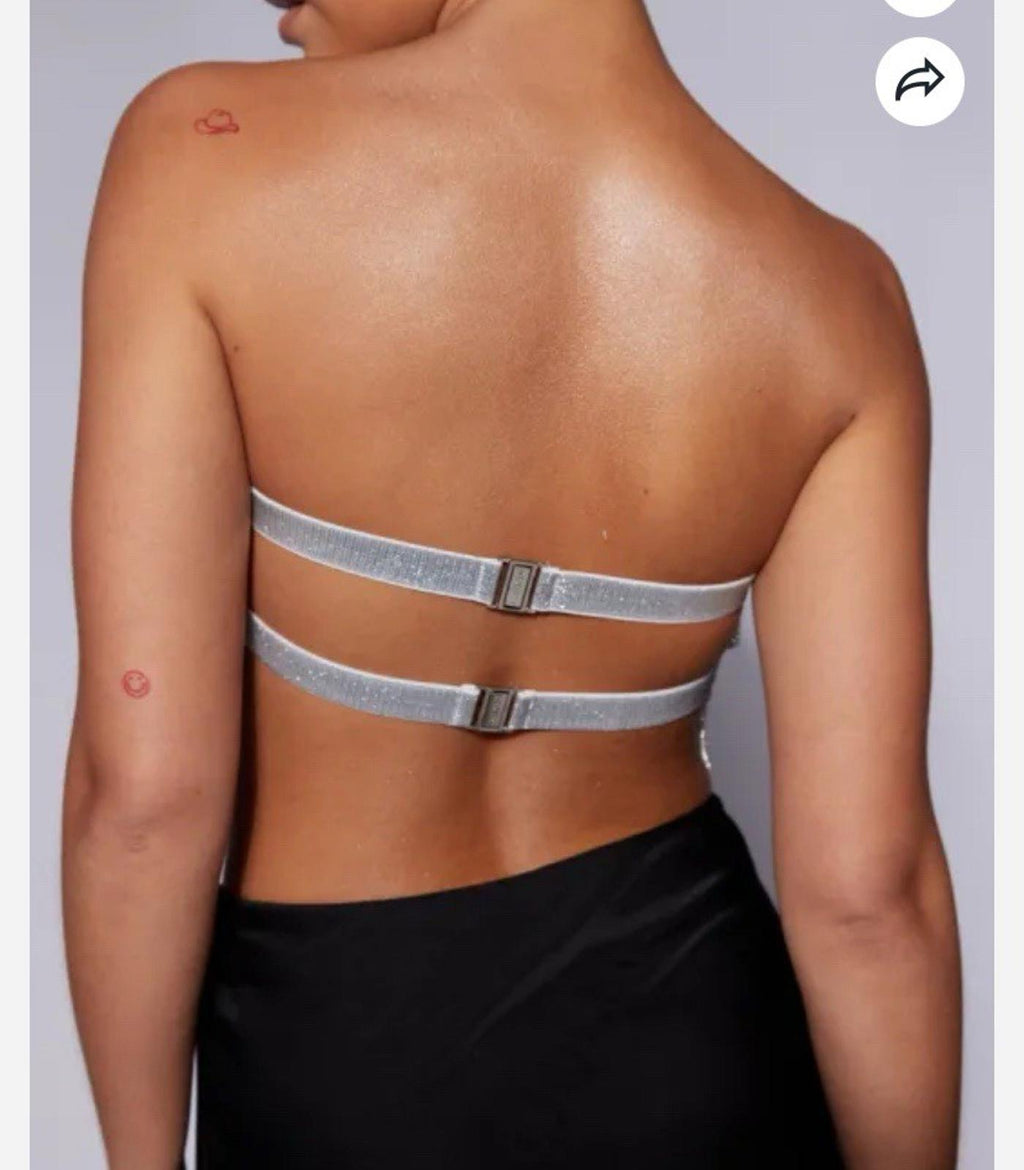 Meshki Diamante Rhinestone Sparkle Bandeau Top Silver Open Back Size L/XL