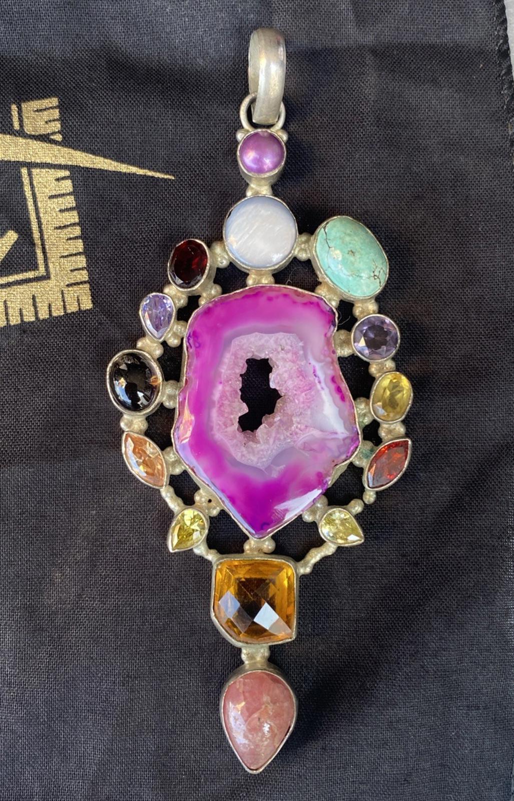Stunning VTG Large Pink Druzy Crystal 10 Gemstone Pendant 925 Silver Stamped