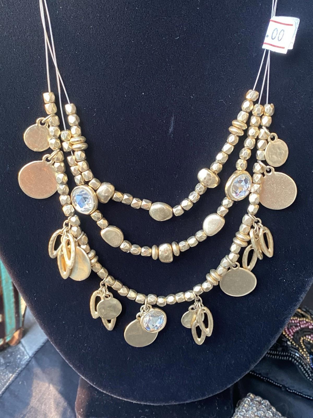 VTG Chico’s Triple Strand Gold Tone Rhinestone Coin Layered Illusion Necklace