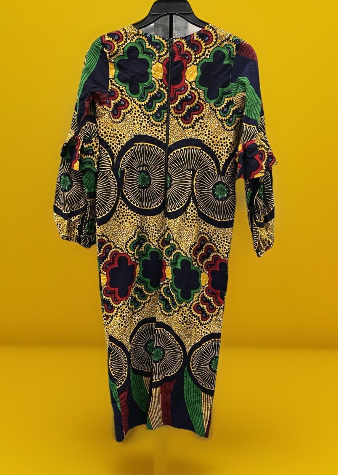 Fitted Vibrant Ankara Print Bodycon Midi Dress With O Neck & Puff Sleeves