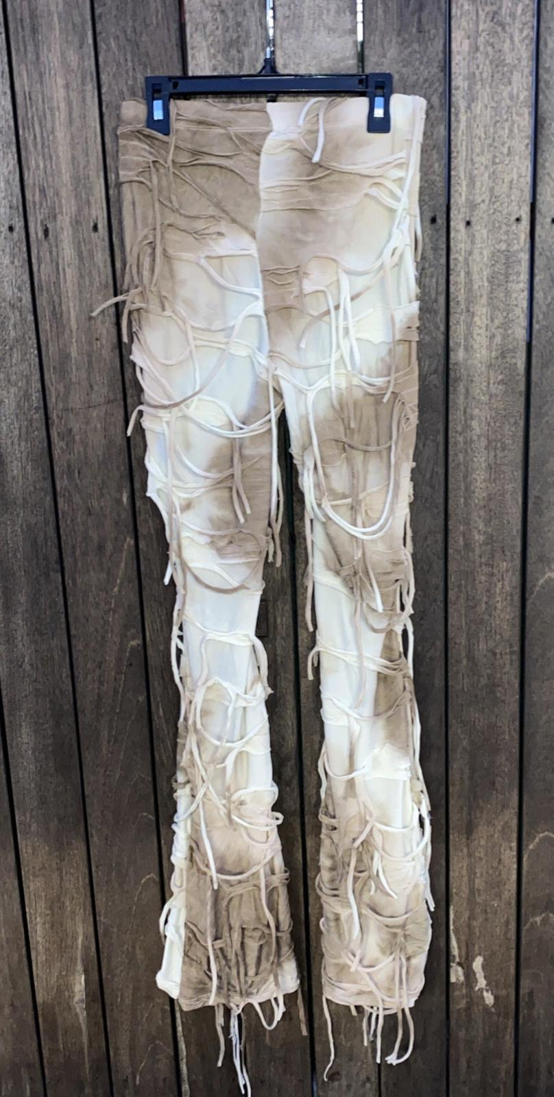 FESTY Beige & White Tie-dye Distressed K Too Flare Leg Pants Stretchy XS/Small