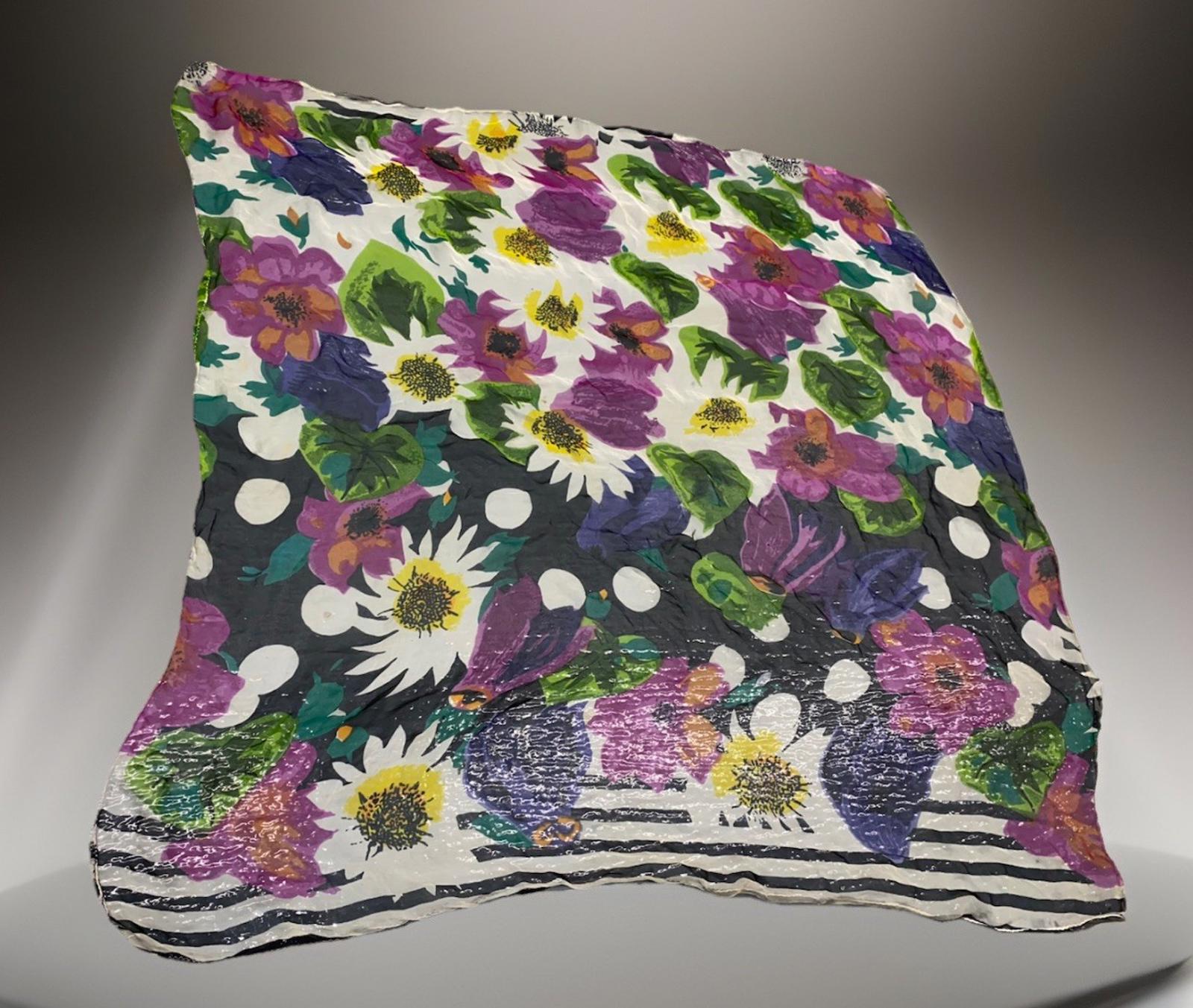 Hand rolled 1980’s Vintage Striped Floral Print Scarf Sheer 40x40