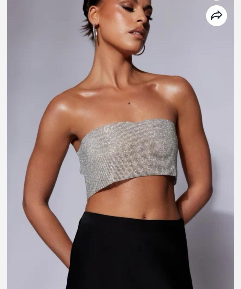 Meshki Diamante Rhinestone Sparkle Bandeau Top Silver Open Back Size L/XL