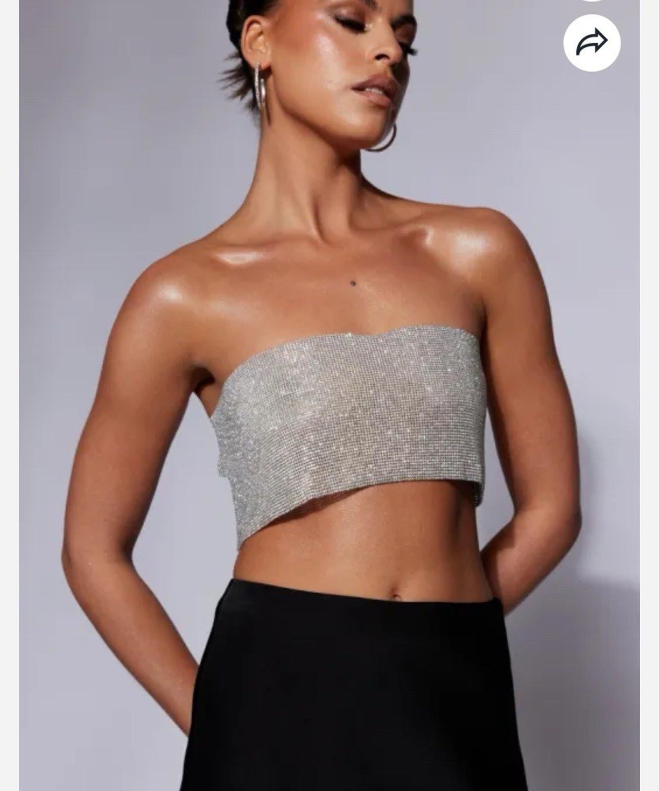Meshki Diamante Rhinestone Sparkle Bandeau Top Silver Open Back Size L/XL