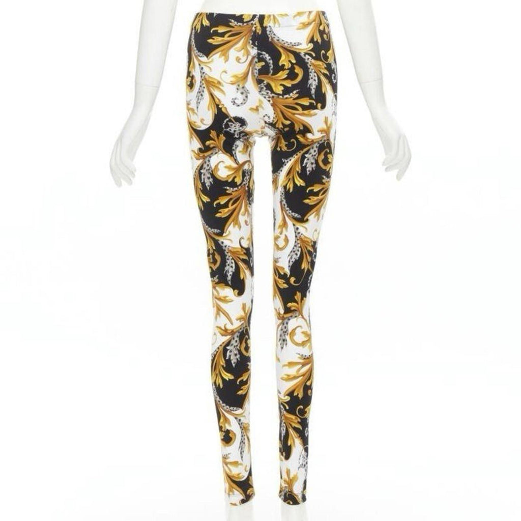 Versace Barocco Acanthus Black Gold Signature Floral Leggings Size 4 Womens