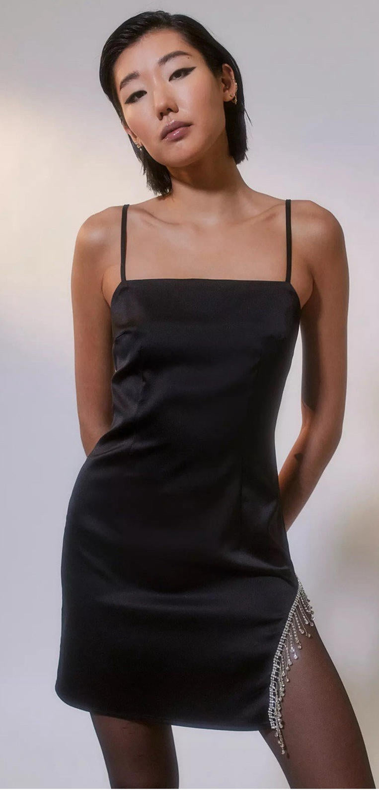 NWT Glamorous Urban Outfitters Black Satin Rhinestone Fringe Mini Dress Size L