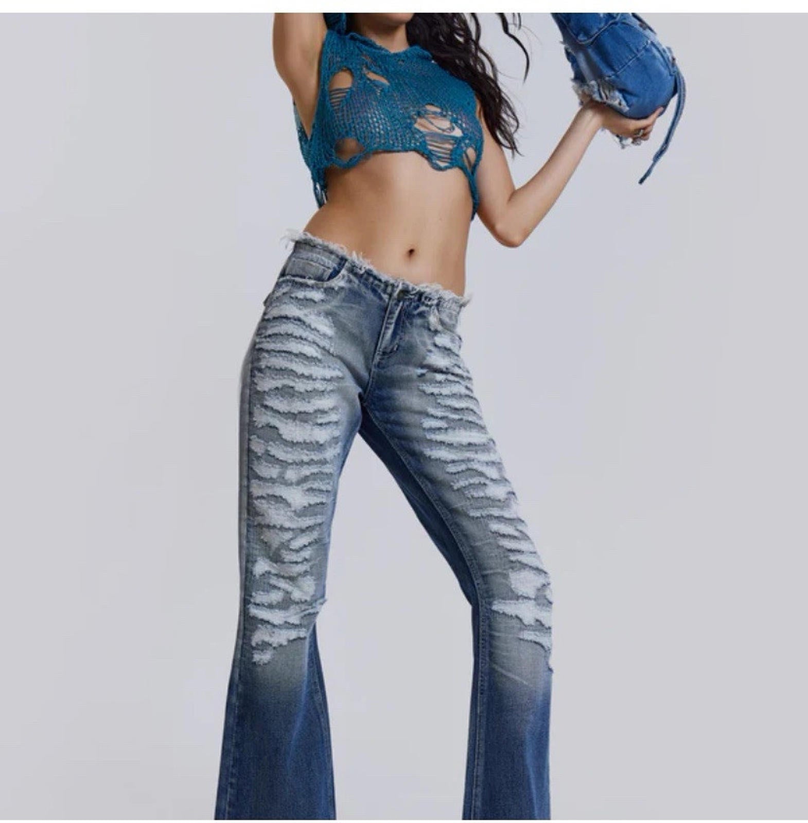 Jaded London Low Rise Distressed Jeans Frayed Wide leg Women's 26 Blue