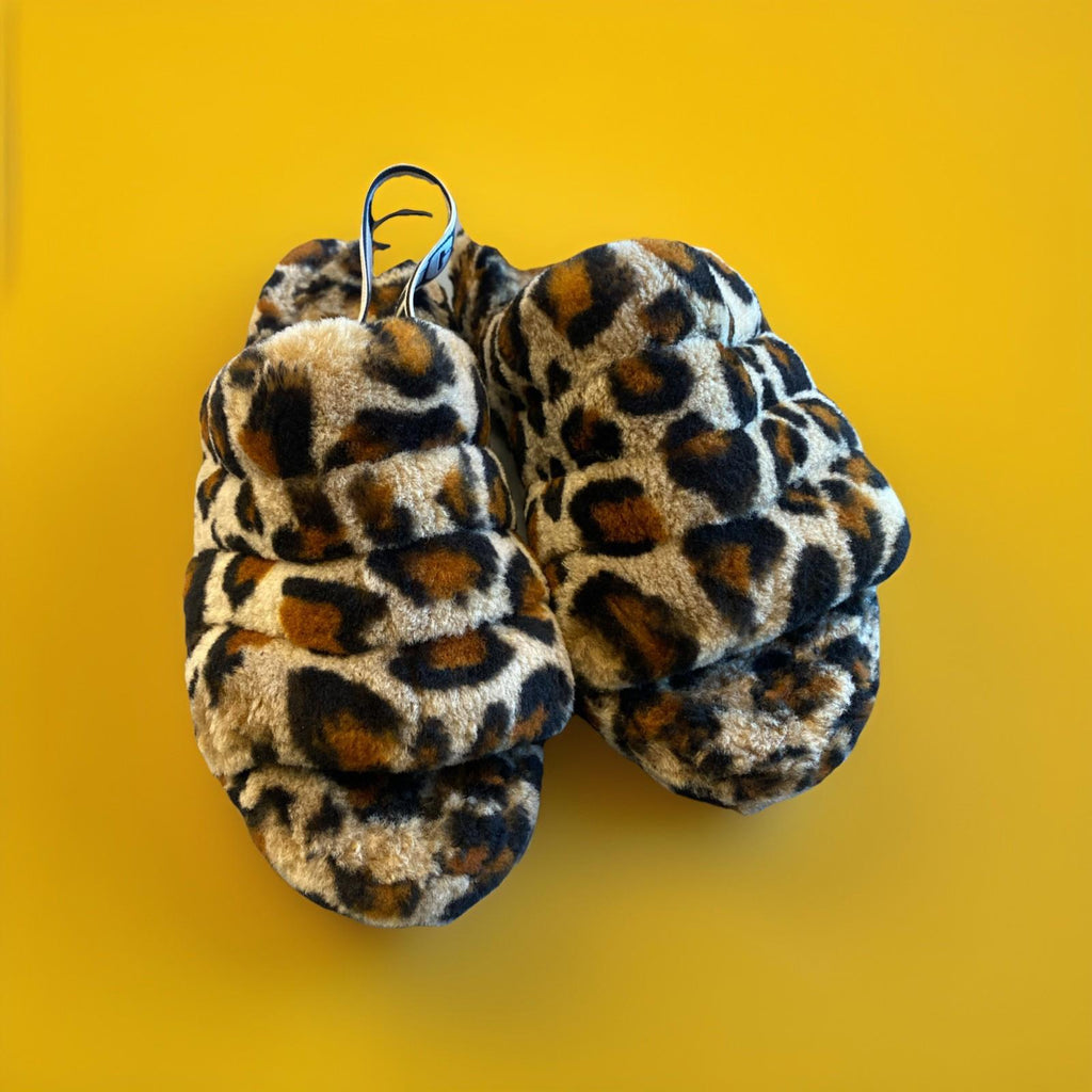UGG FLUFF YEAH AMPHORA SLIDE LEOPARD SLINGBACK SANDALS SLIPPERS Size 7 USA Wom