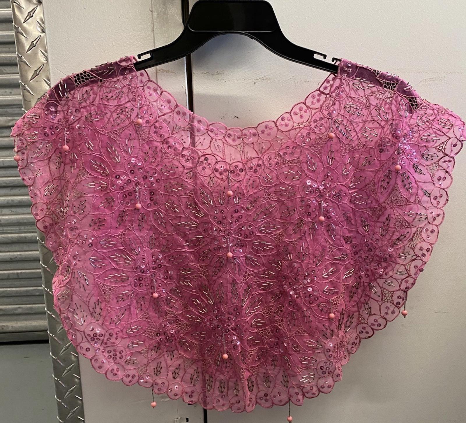 Hand Beaded VTG Pink Sequin Flower Sheer Capelet Shawl Burlesque Bowlero
